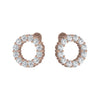 Rose gold hoop earrings with clear gemstones on a white background