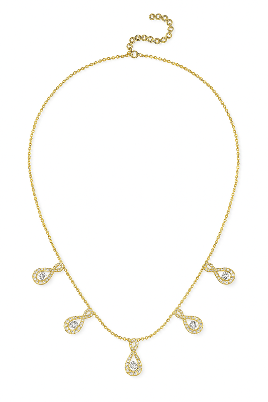 Gold necklace with teardrop-shaped pendants on a white background