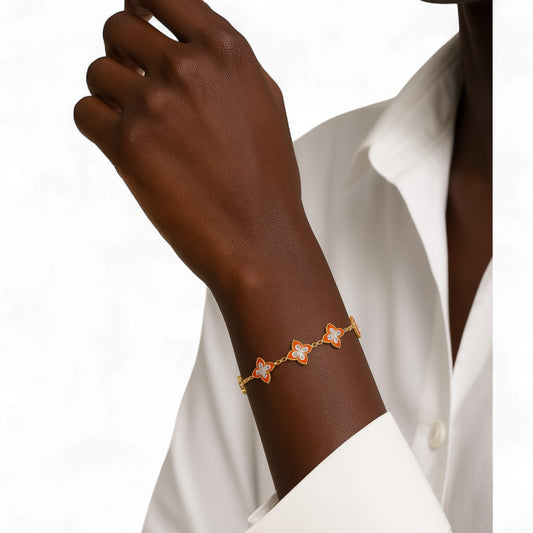 Bracelet with star-shaped charms on a wrist against a white background