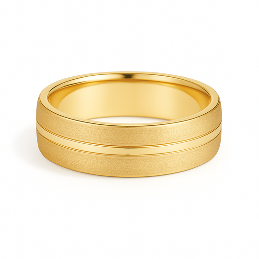 Gold ring with two horizontal bands on a white background