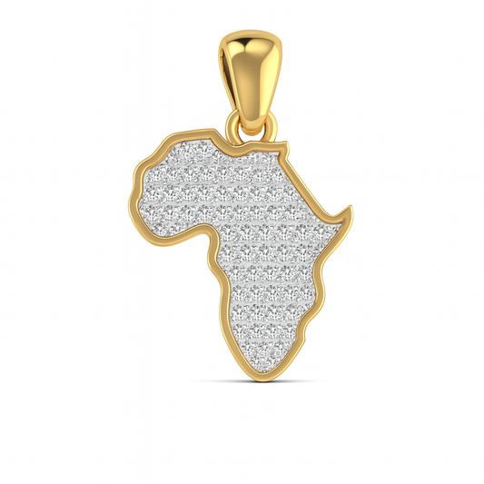 Gold pendant shaped like the outline of Africa on a white background