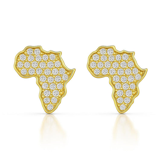 Gold Africa map earrings with diamond accents on a white background