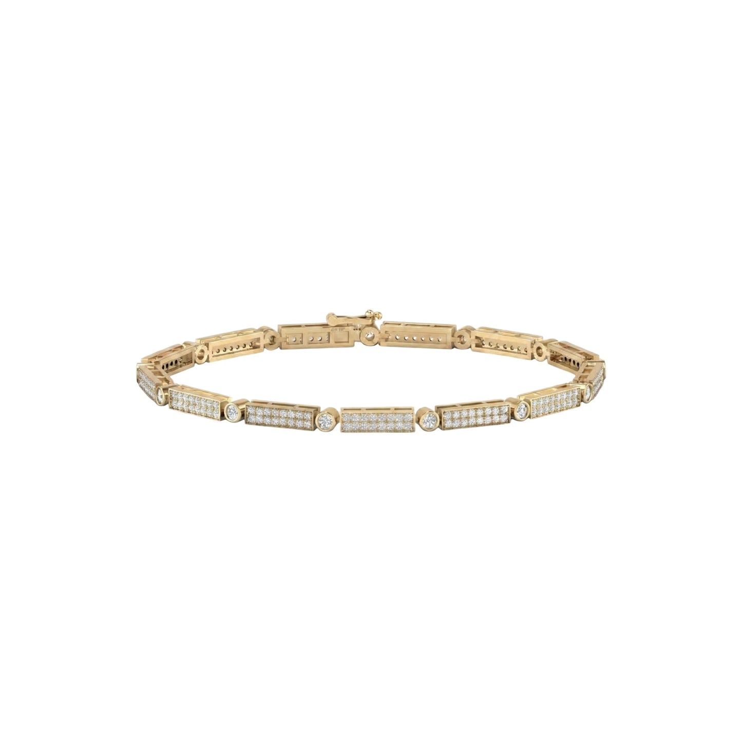 Gold bracelet with embedded diamonds on a white background
