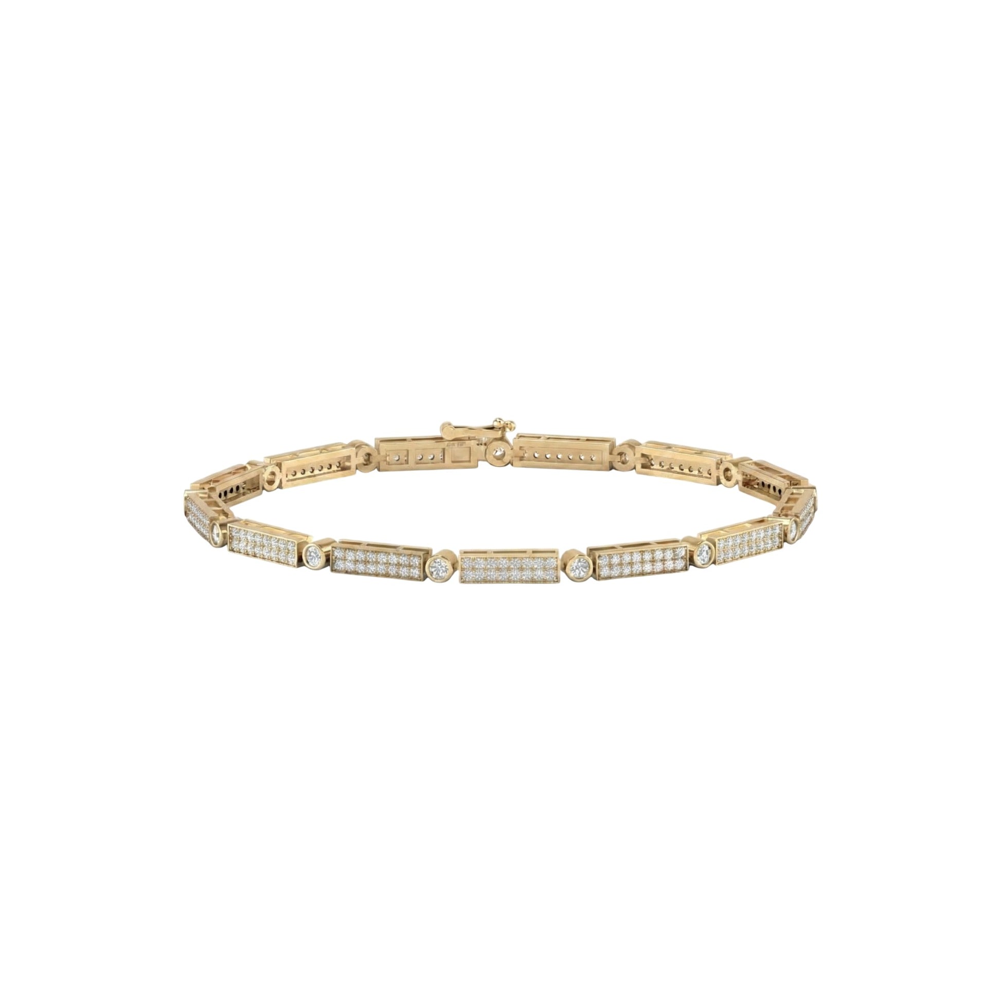 Gold bracelet with embedded diamonds on a white background