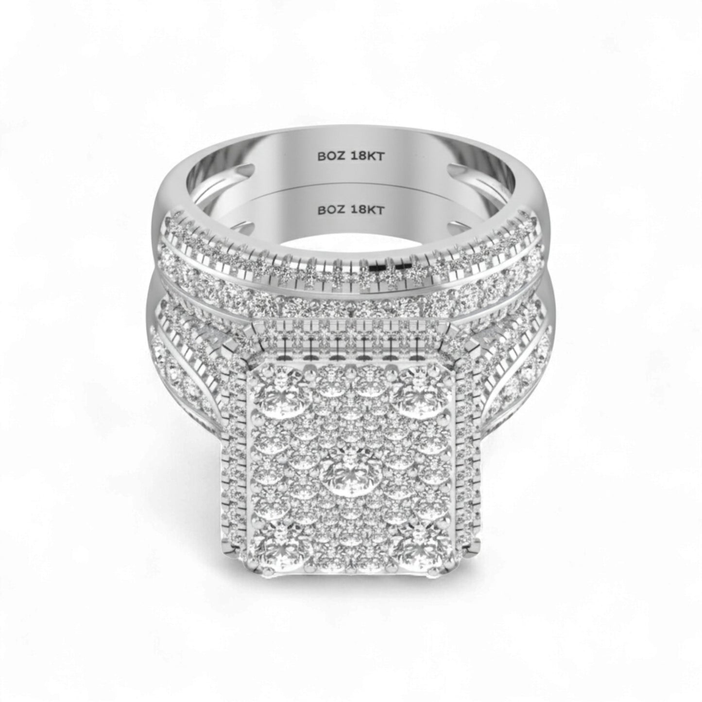 Silver ring with diamond accents on a white background