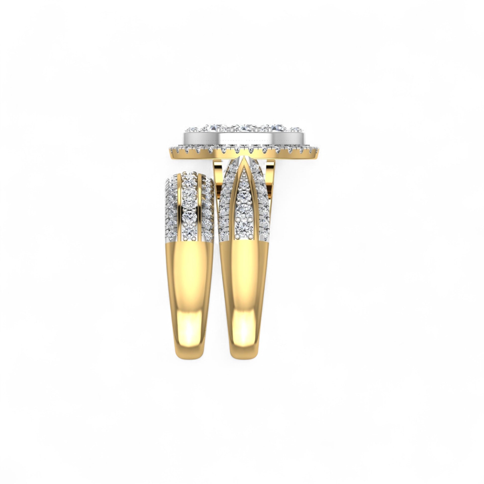 Gold earrings with diamond accents on a white background