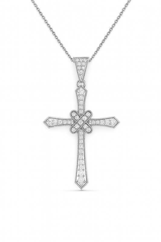 Silver cross pendant necklace on a white background