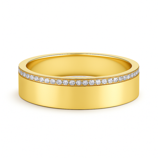 Gold ring with diamond accents on a white background
