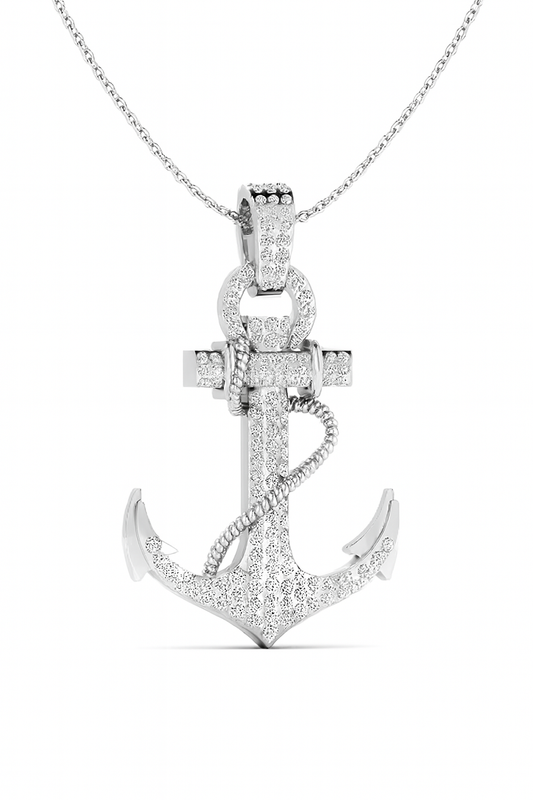 Silver anchor pendant necklace on a white background