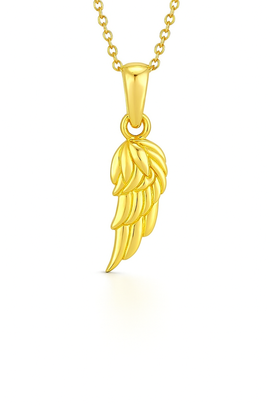 Gold angel wing pendant on a chain against a white background