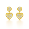 Gold heart-shaped earrings with diamond accents on a white background