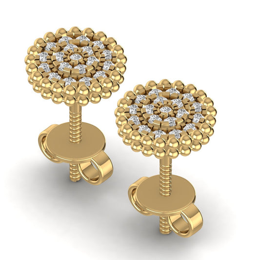 A pair of 18K gold-colored stud earrings with a geometric pattern of diamonds set in a textured surface.