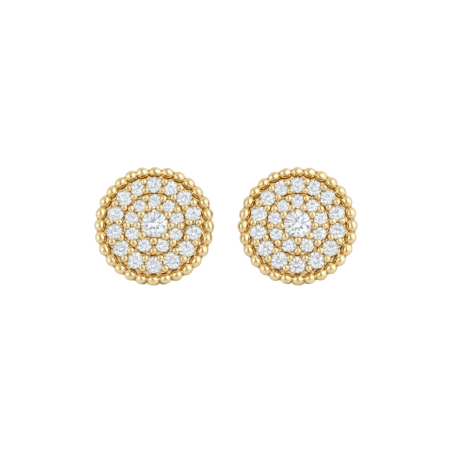 Gold earrings with diamond-studded circular design on a white background