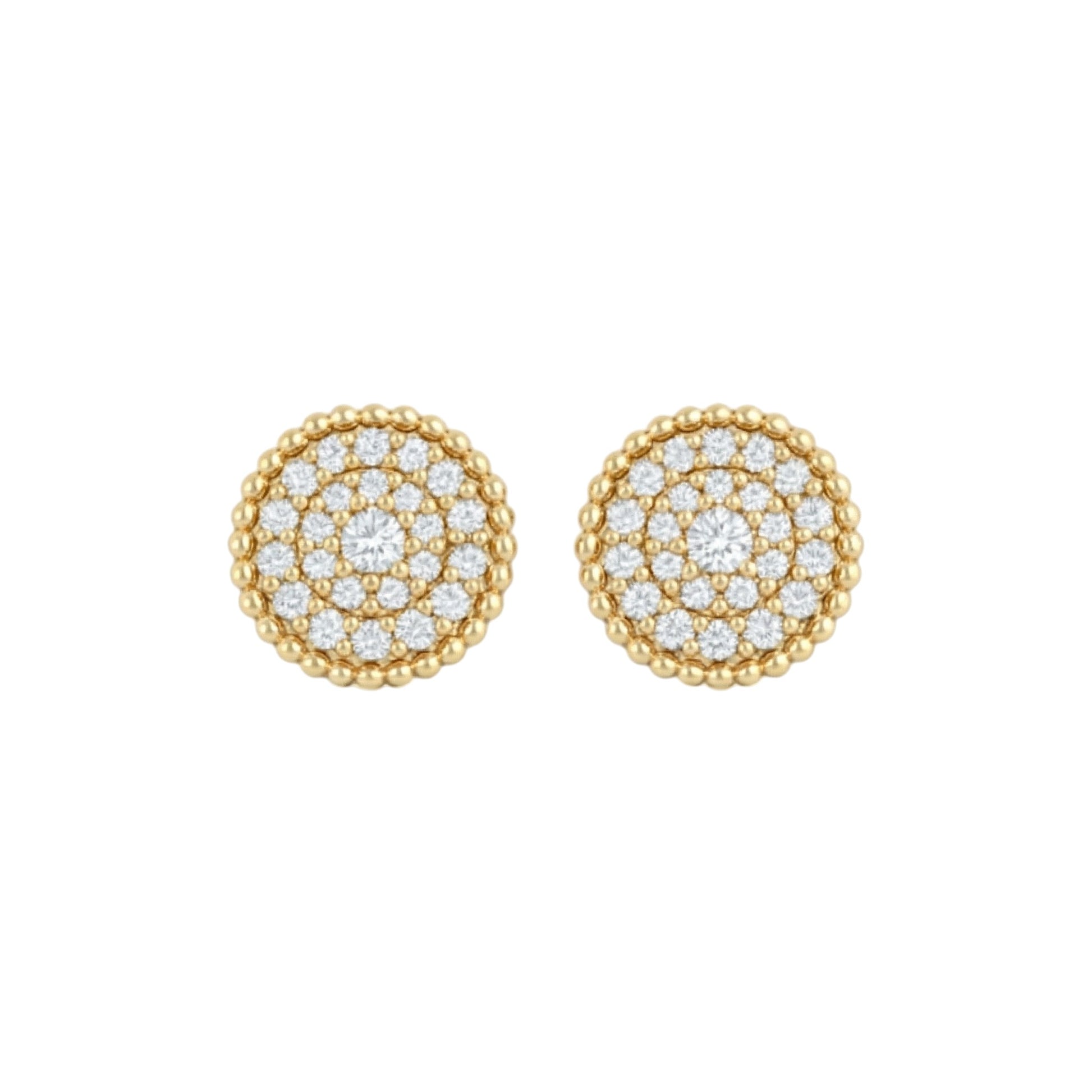 Gold earrings with diamond-studded circular design on a white background