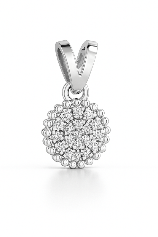 Silver pendant with intricate design on a white background