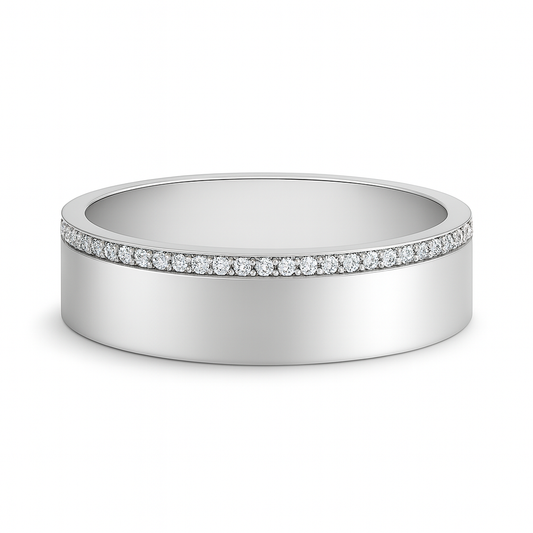 Silver ring with small diamonds on a white background