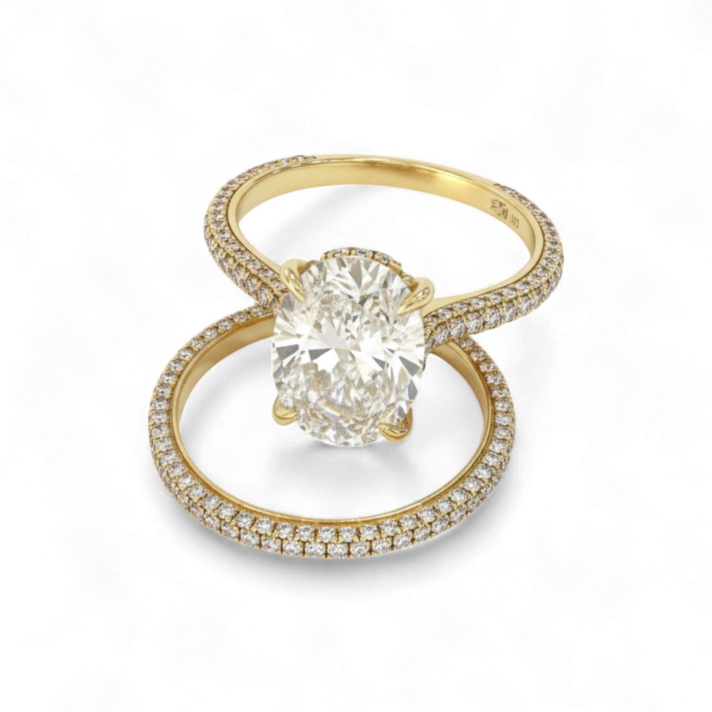 Gold ring with a large diamond and smaller diamonds on the band against a white background