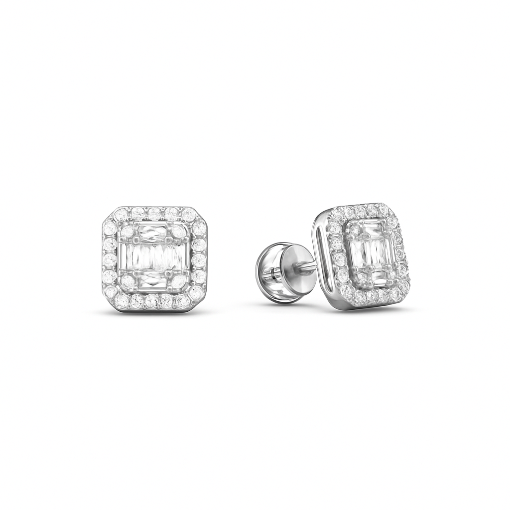 Pair of diamond earrings on a white background