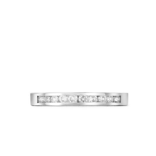 Silver ring with embedded diamonds on a white background