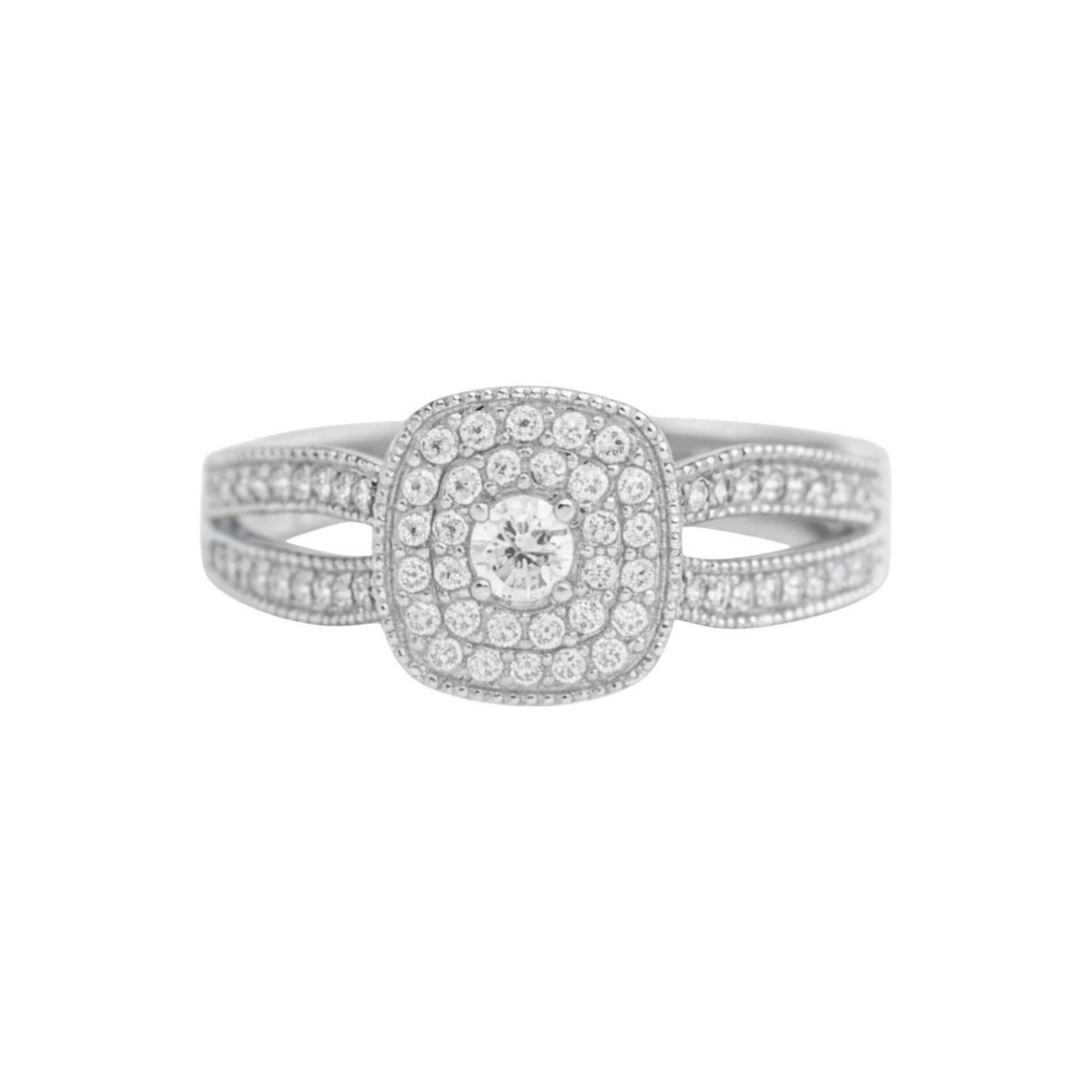 Cherry Cushion Cut Natural Diamond cluster engagement ring in 18KT gold with pavé-set diamonds and split shank design
