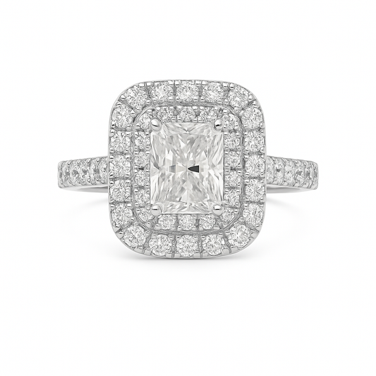 Diamond ring with a central gemstone and surrounding diamonds on a white background