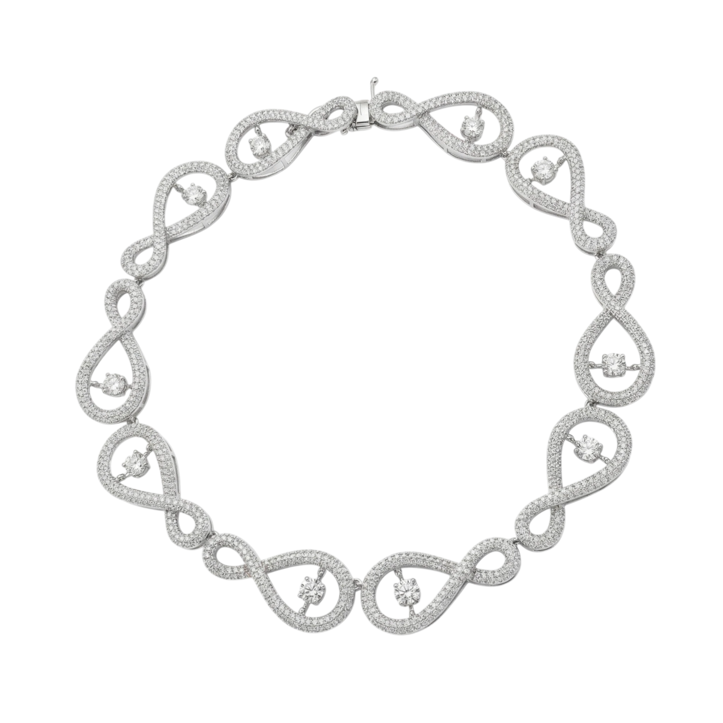 Silver necklace with intricate design on a white background