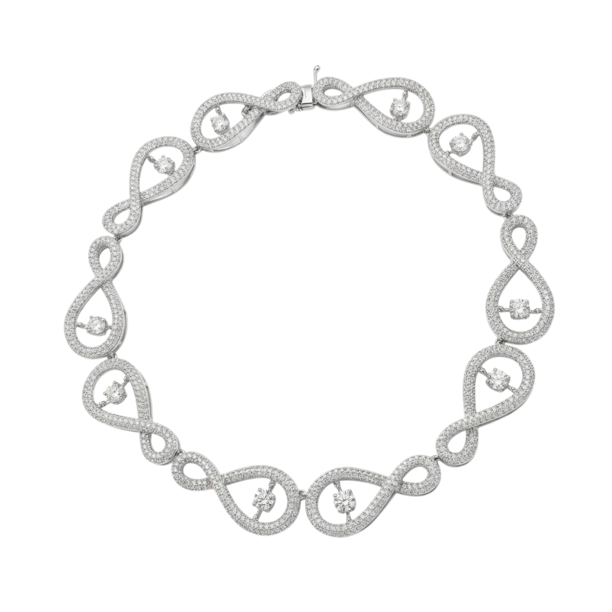 Silver necklace with intricate design on a white background