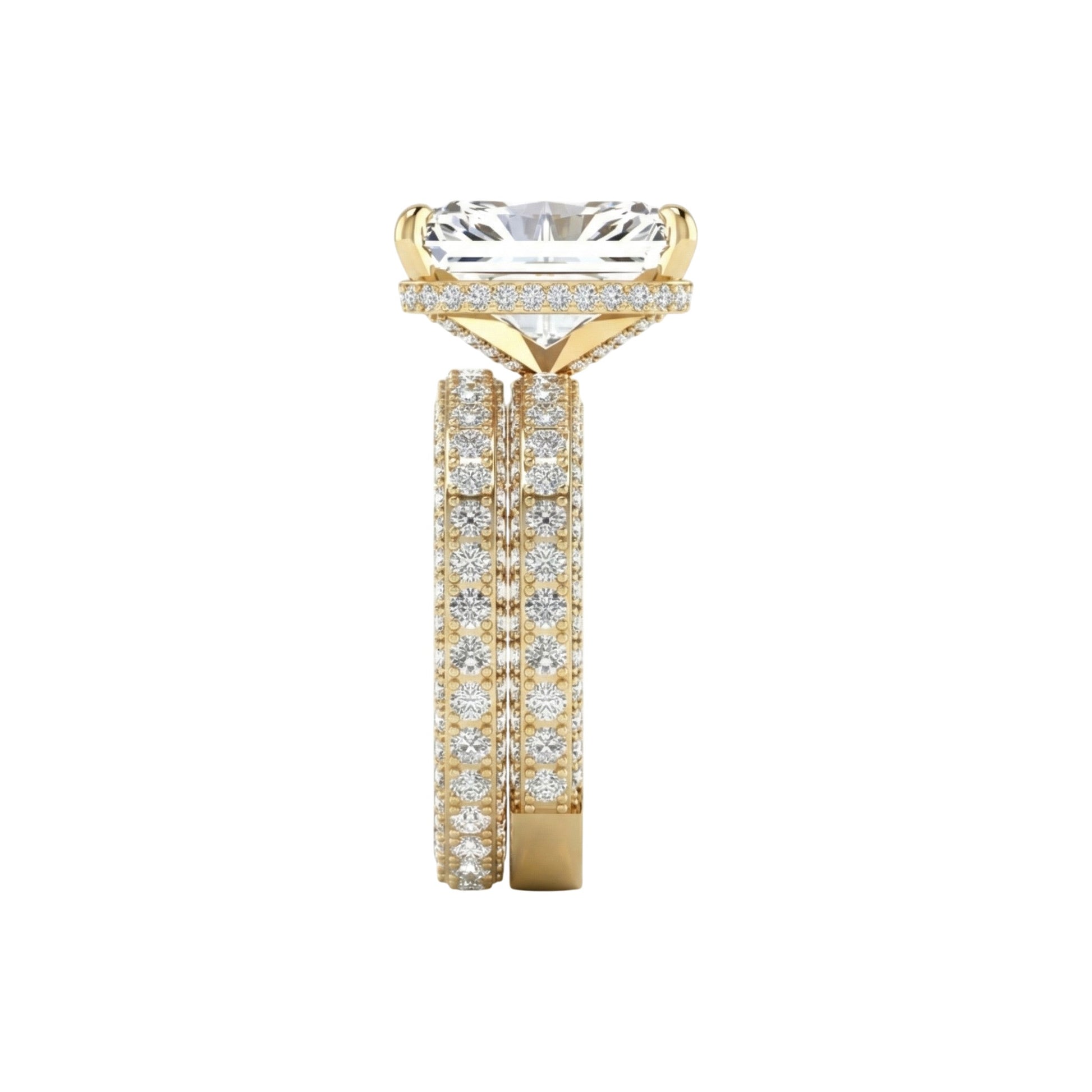 Gold ring with a large central gemstone and smaller stones on a white background