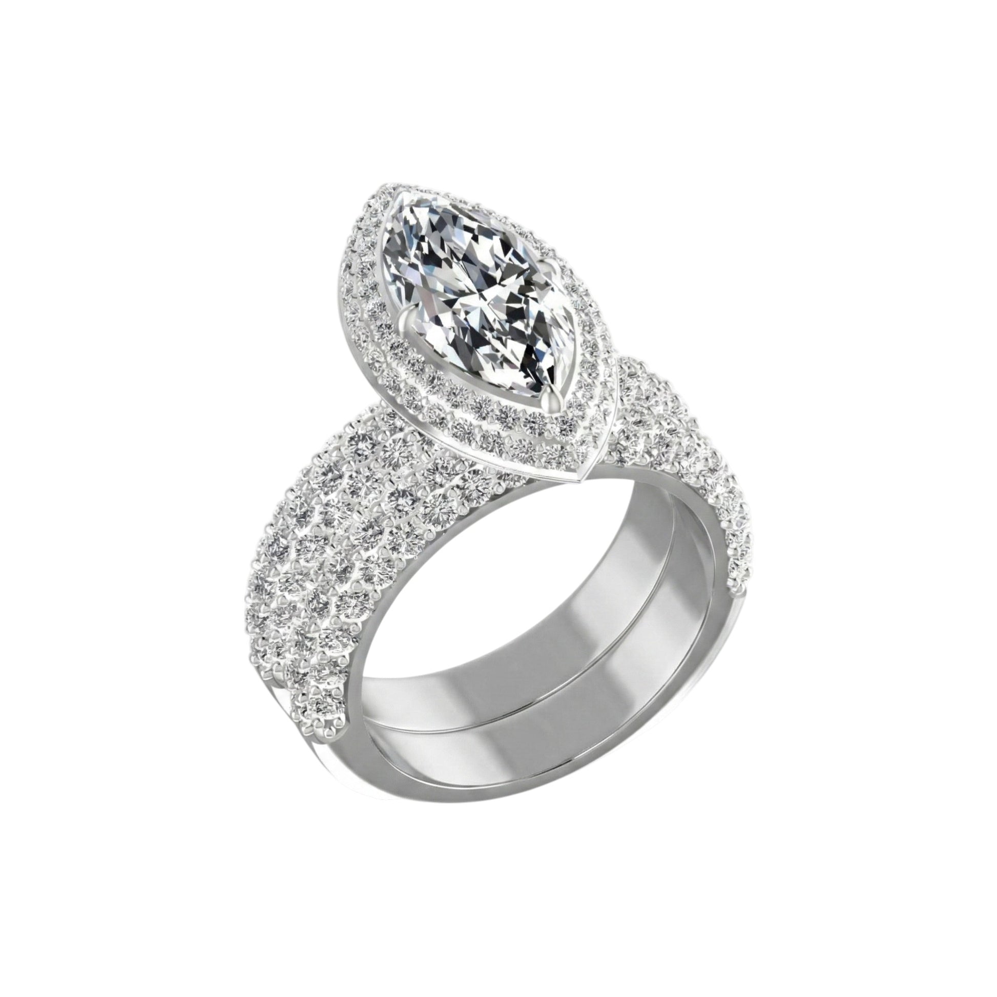 Silver ring with a large central gemstone and smaller stones on a white background