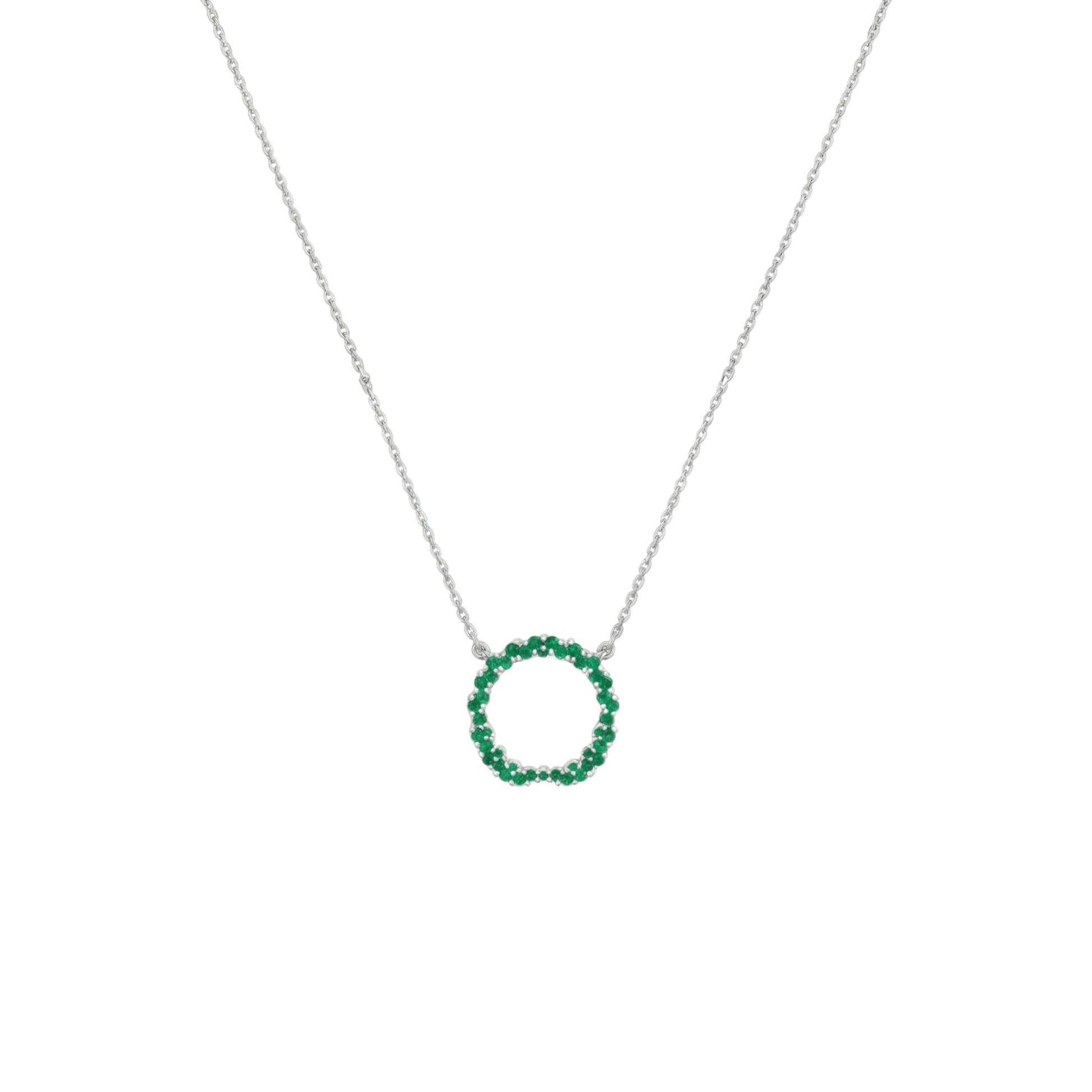 Necklace with a green circular pendant on a white background