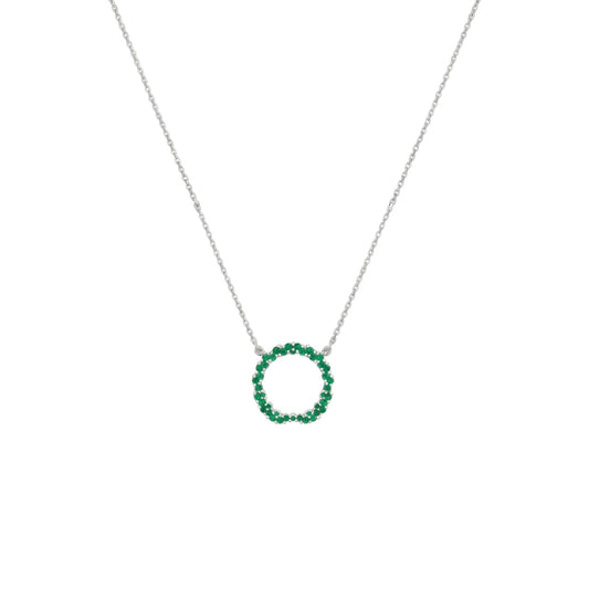Necklace with a green circular pendant on a white background