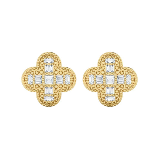 Gold earrings with diamond accents on a white background