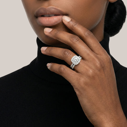 Chrisscy Cushion Cut Lab Grown Diamond Bride Set in Platinum