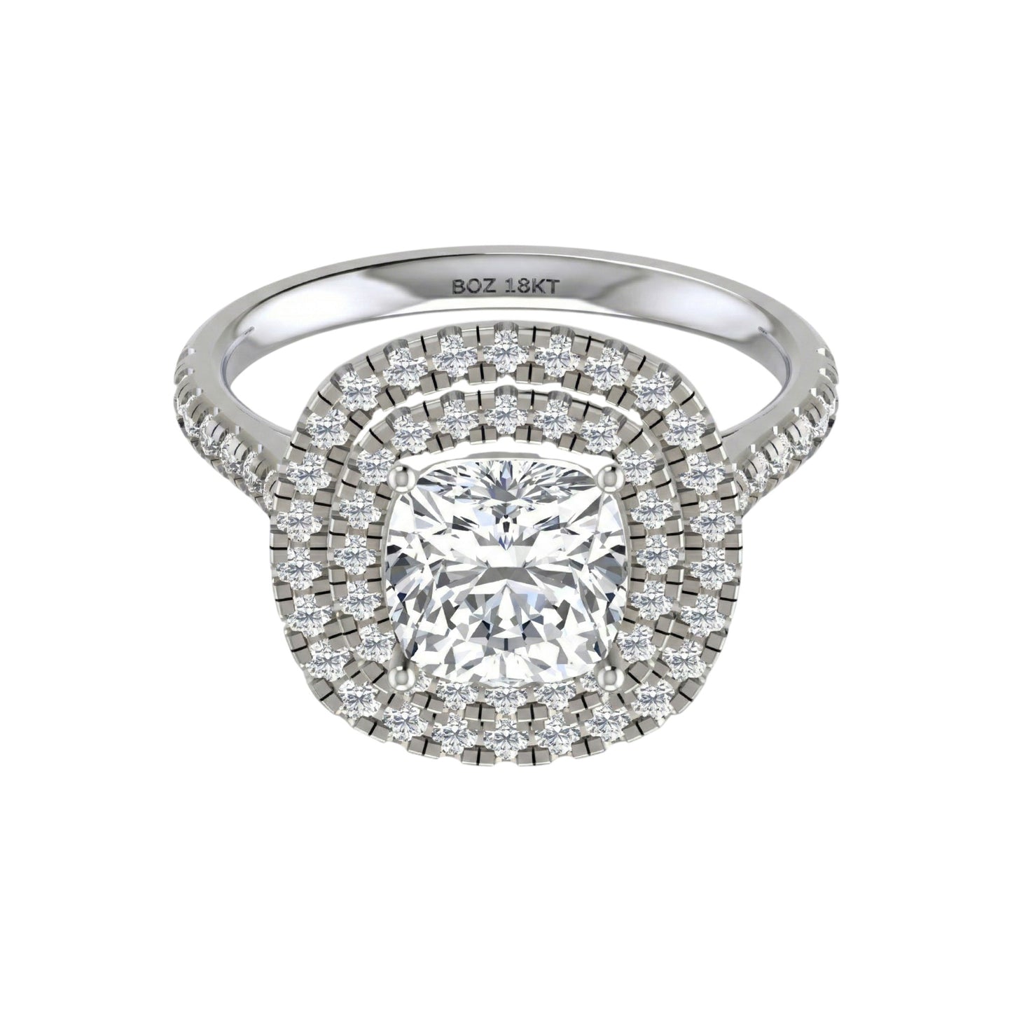 Diamond ring with a double halo on a white background