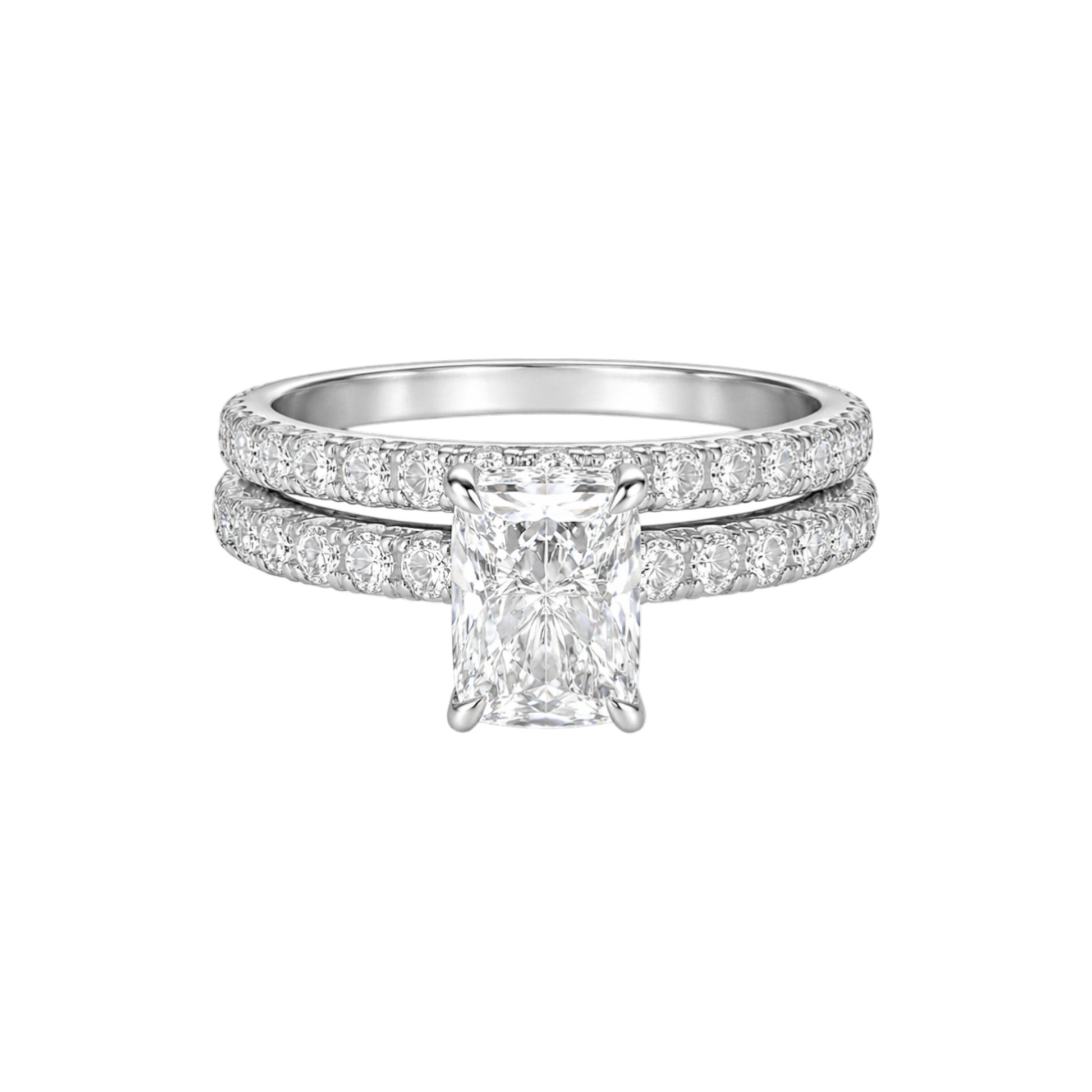 Diamond ring with a central gemstone on a white background