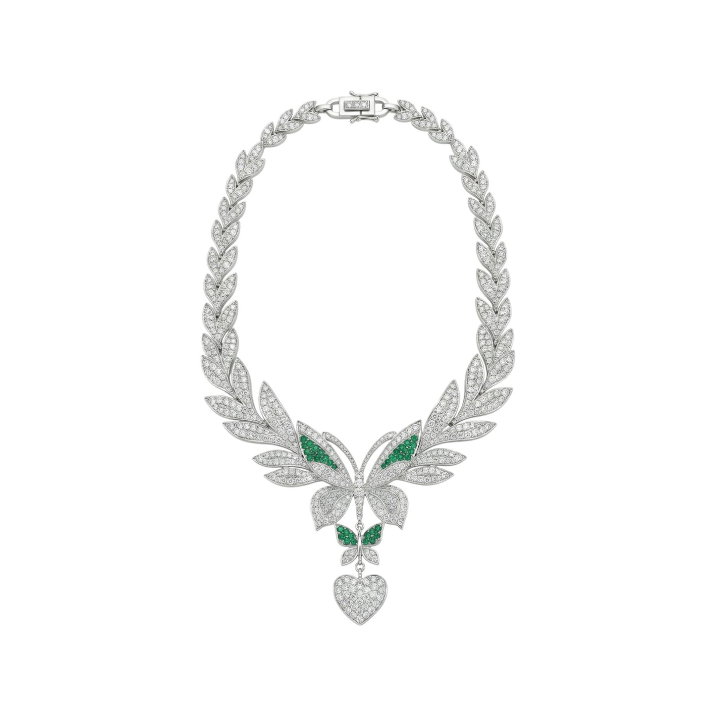 Ornate silver necklace with green gemstones on a white background