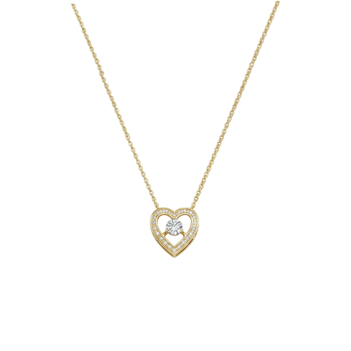 Gold heart-shaped necklace with a diamond on a white background