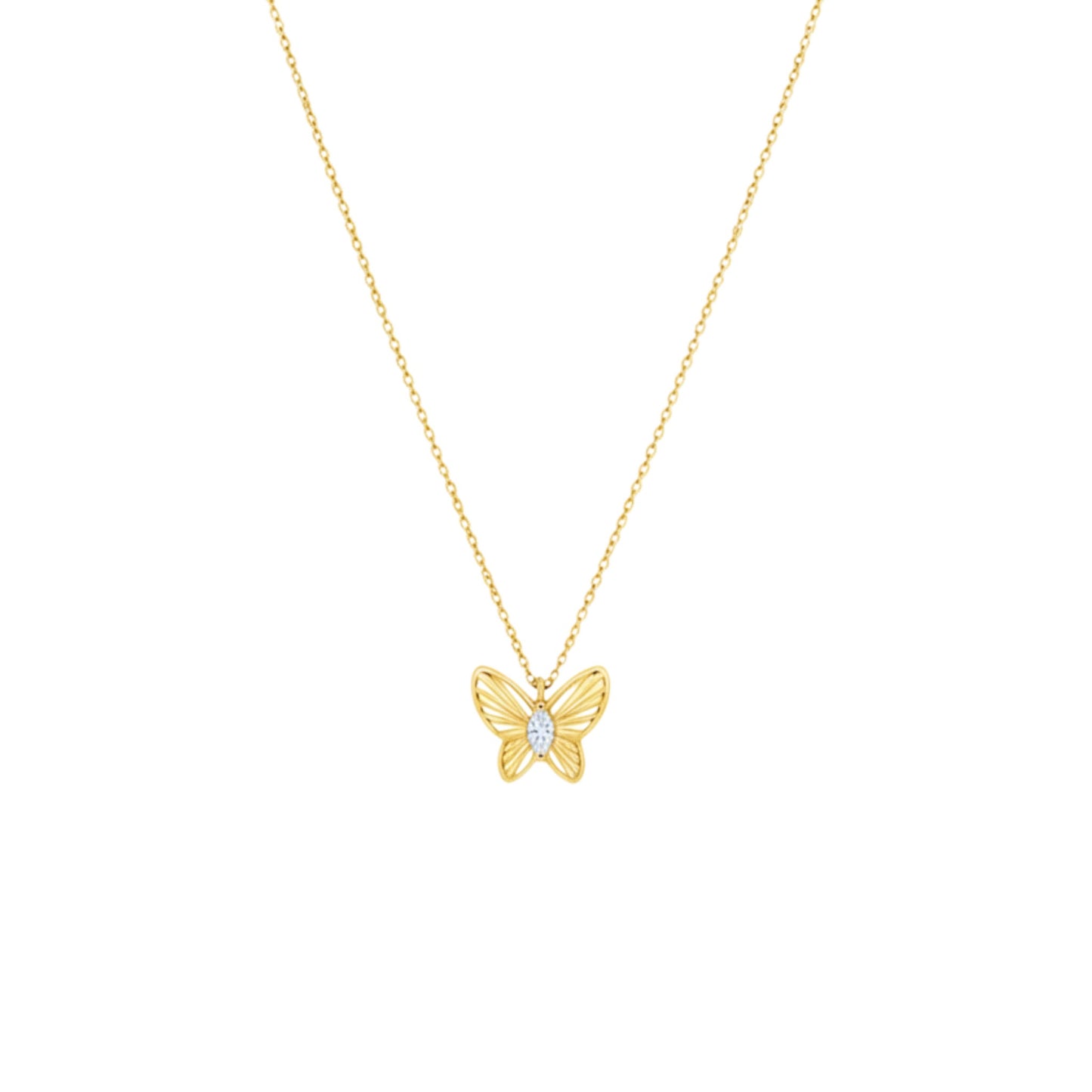 Gold butterfly necklace on a white background