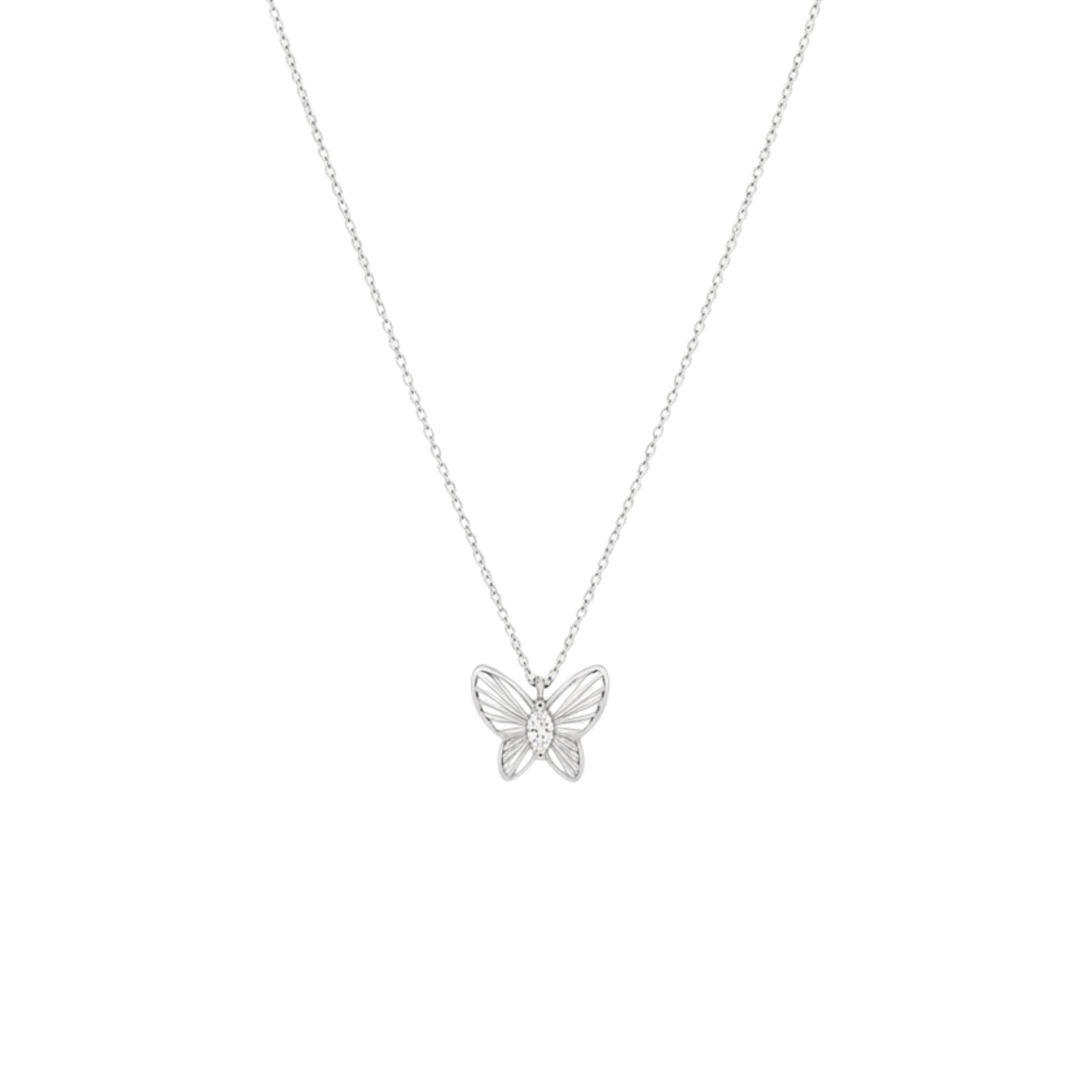 Butterfly-shaped pendant on a thin chain against a white background