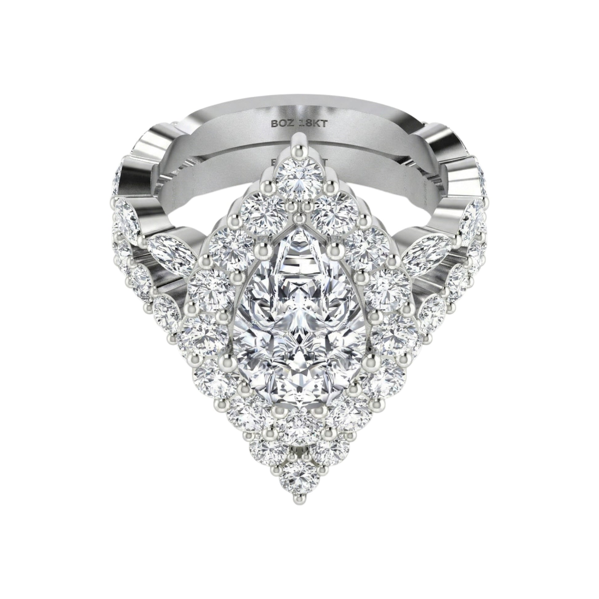 Diamond ring with a pear-shaped center stone on a white background