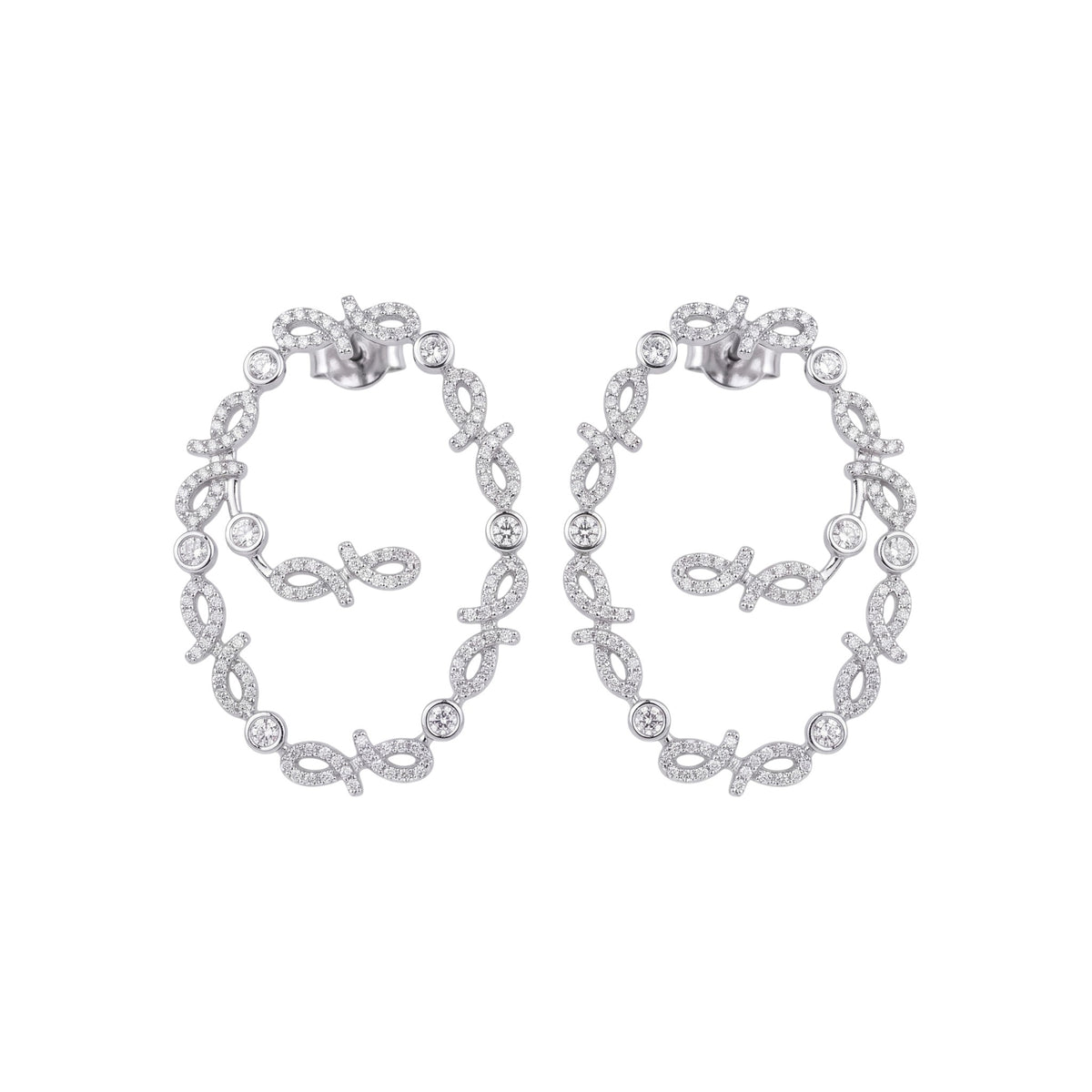 A pair of silver-tone hoop earrings adorned with small clear stones and openwork scroll motifs, shown on a plain white background.