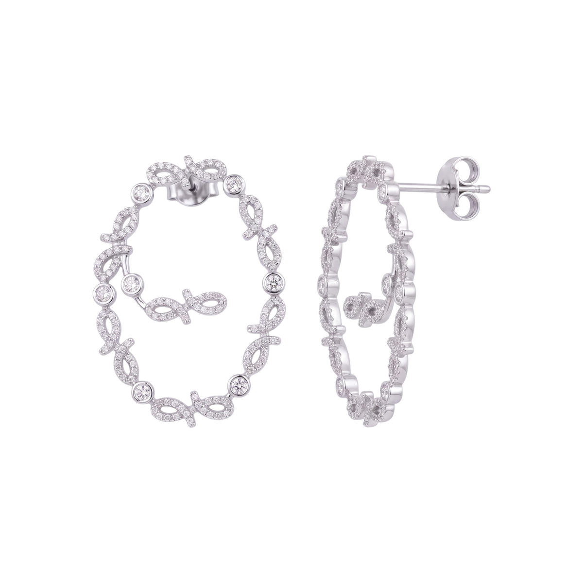 A pair of silver hoop earrings decorated with small clear pavé-set stones and dangling fish-shaped motifs, shown on a plain white background.