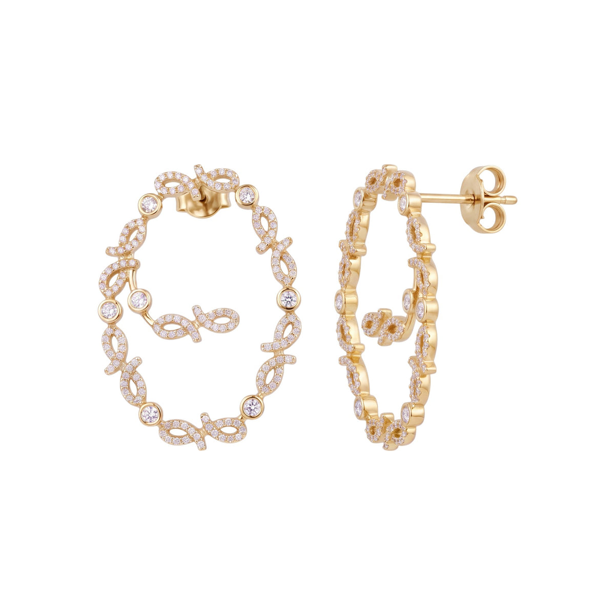 A pair of gold hoop earrings adorned with small clear pavé stones and featuring a central gold monogram design, shown on a plain white background.