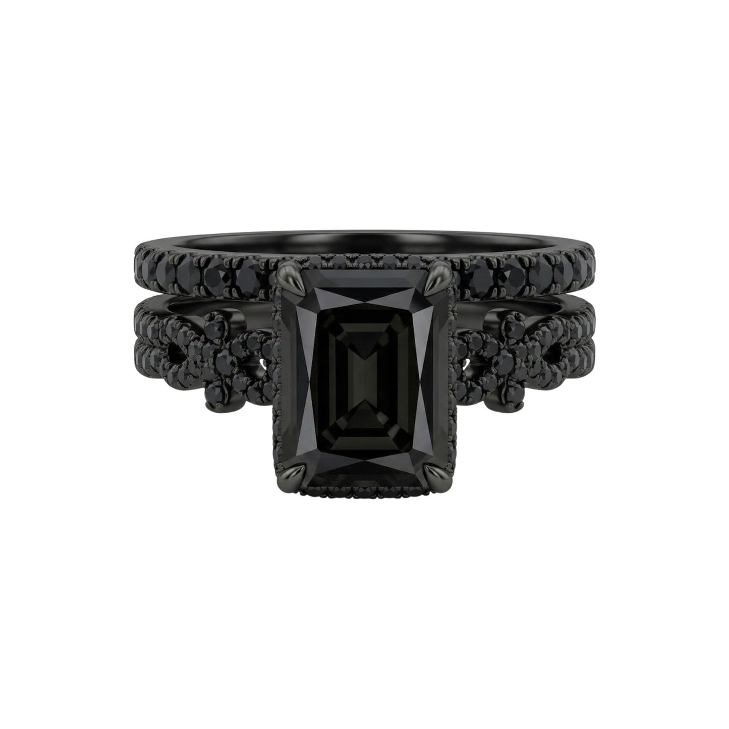 Black gemstone ring with intricate design on a white background