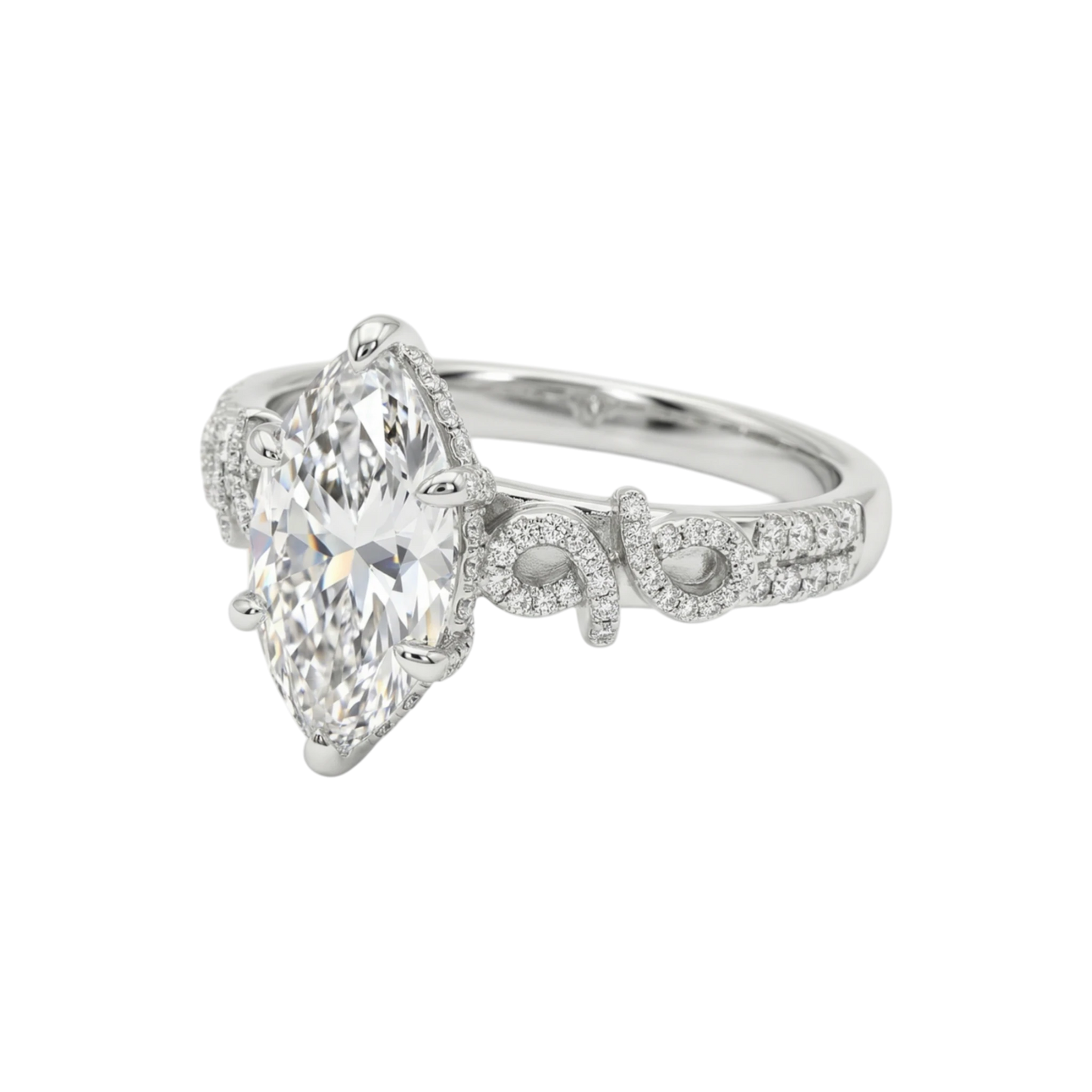 Diamond ring with a pear-shaped center stone on a white background