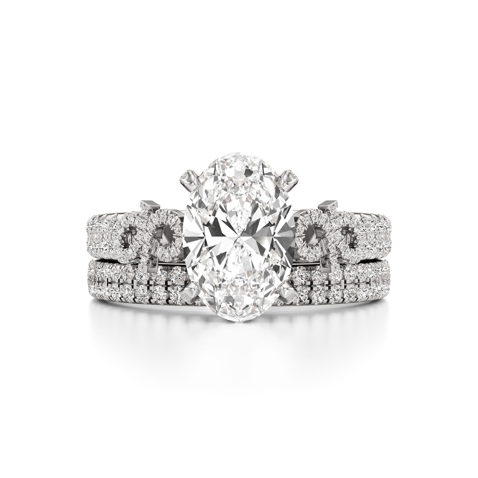 Diamond ring with a white gold band on a white background