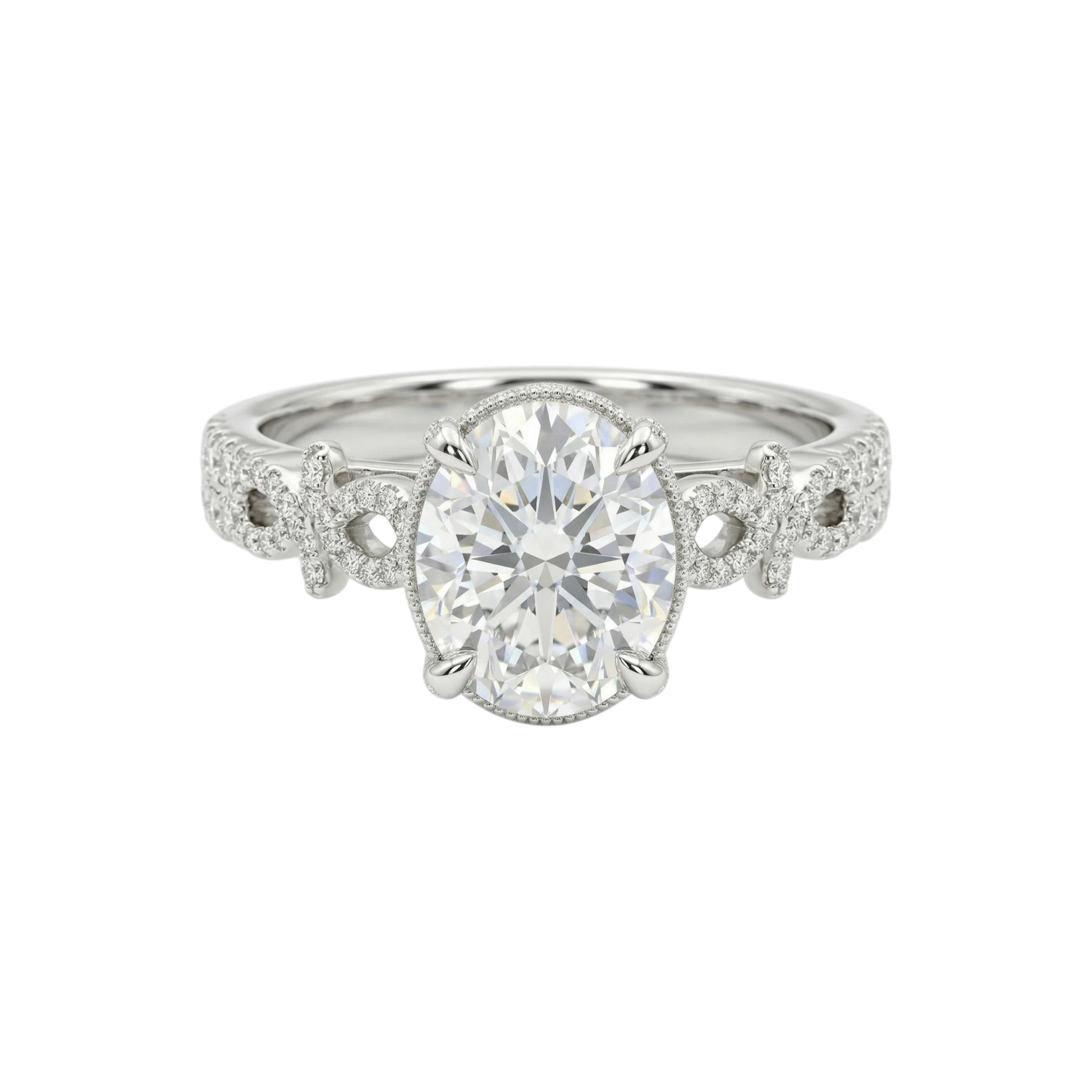 Diamond ring with intricate design on a white background