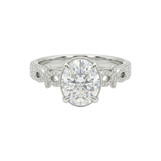 Diamond ring with intricate design on a white background