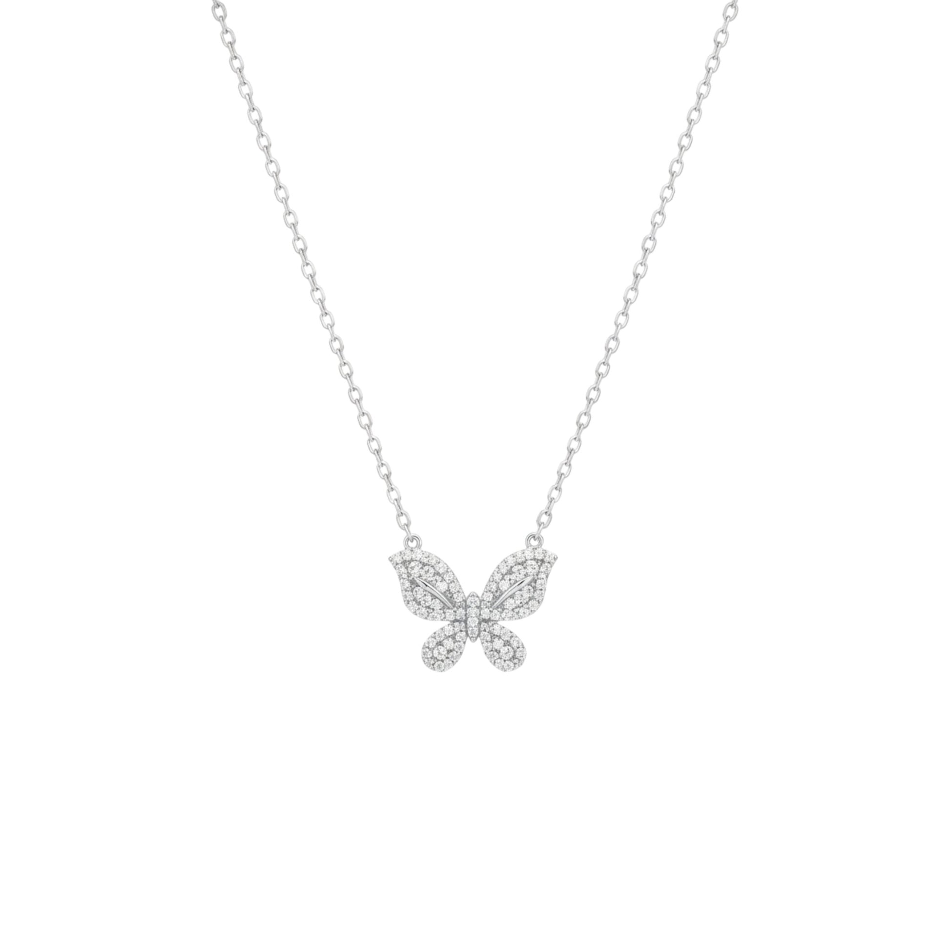 Butterfly-shaped pendant necklace on a white background