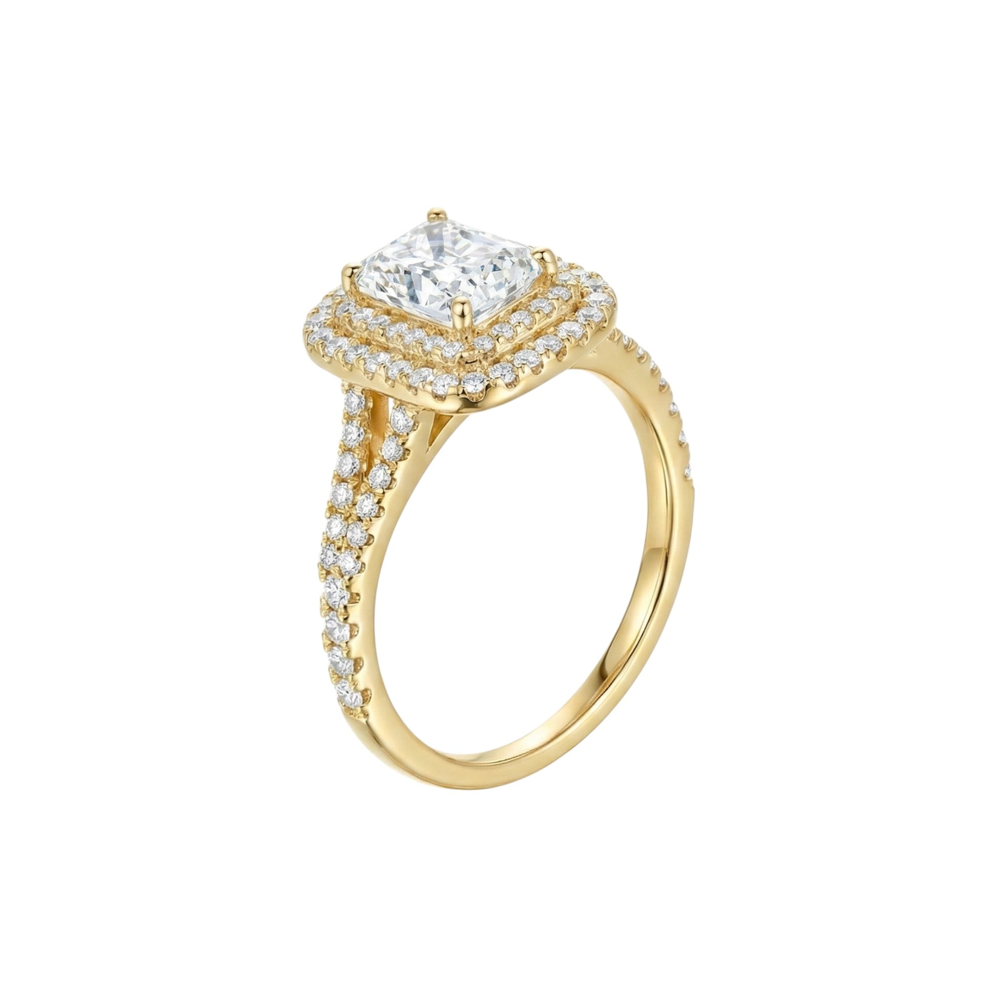 Gold ring with a large central diamond and smaller diamonds on the band against a white background